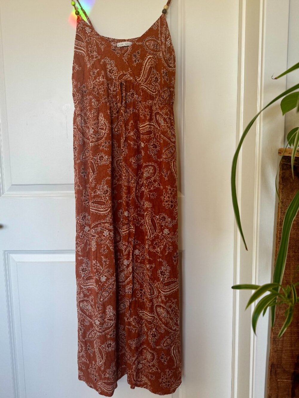 Rust Paisley Maxi Dress Boho Tie Front Earthy Fall Layering Size M